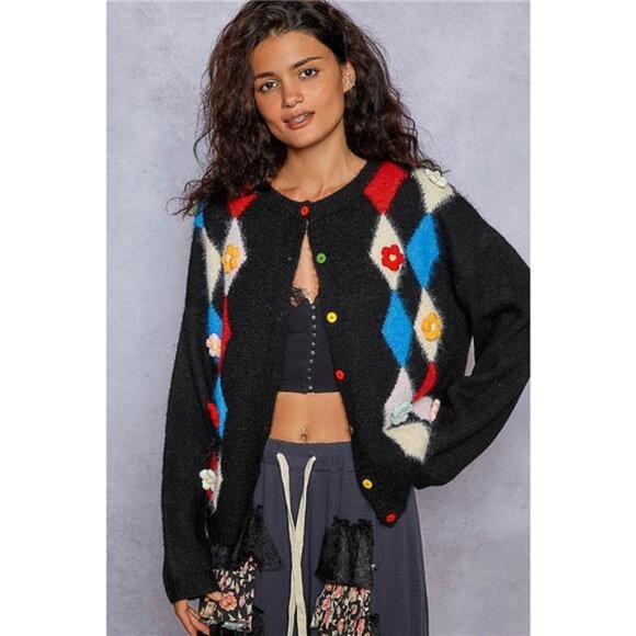 POL Sweaters - POL Button Down Diamond Pattern Round Neck Cardigan